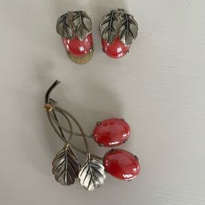 Vintage Red/Orange Leaf Clip-On Earrings and Brooch Set